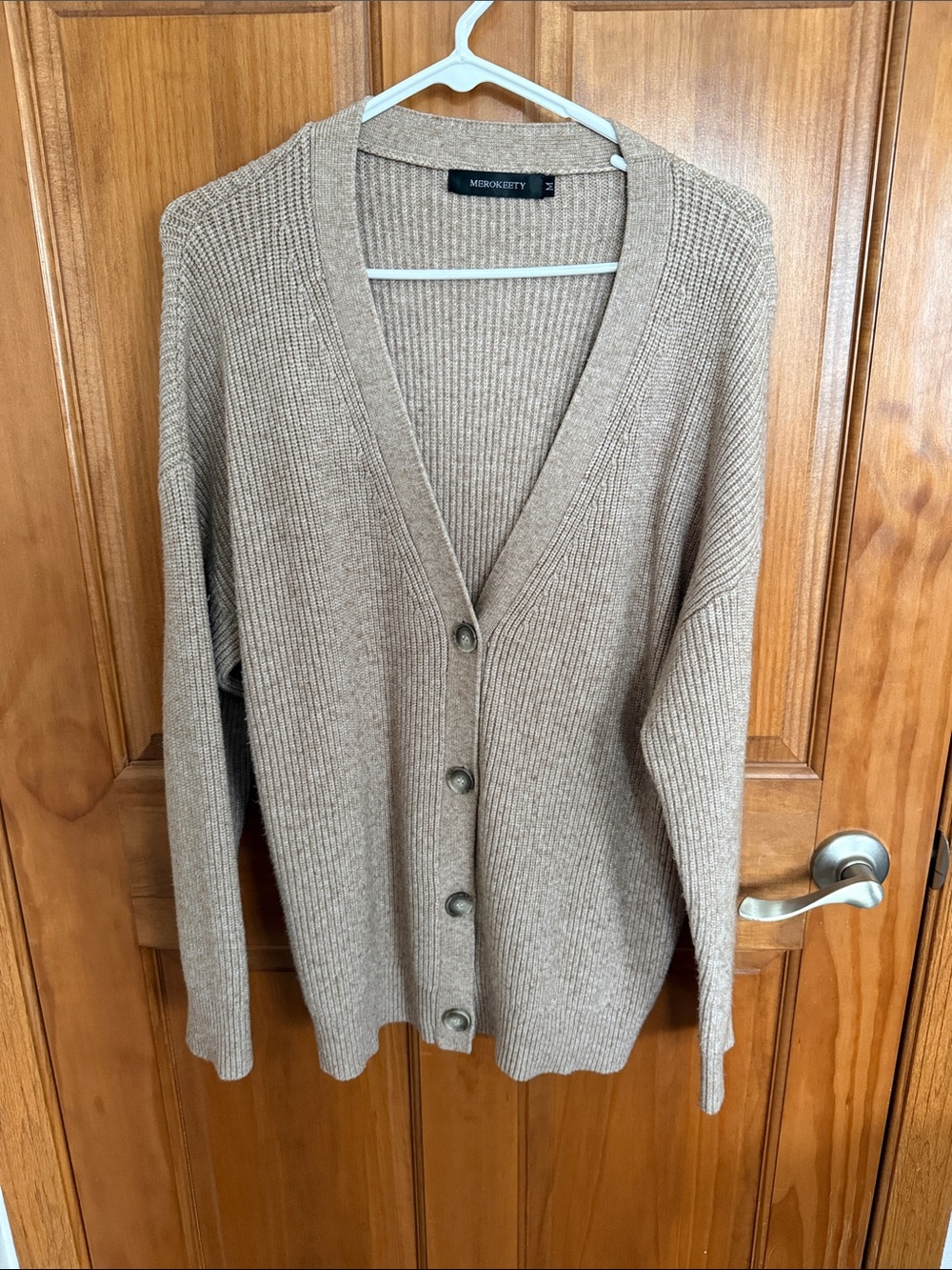 Merokeety Women's Tan oversized Ribbed Button-Up Cardigan Sweater medium